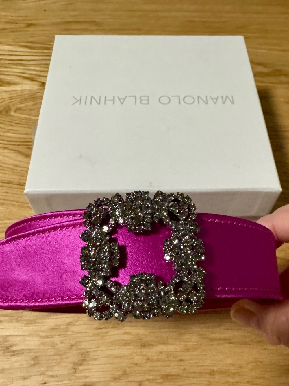 Manolo Blahnik Fuchsia Satin Belt with Crystal Square Buckle